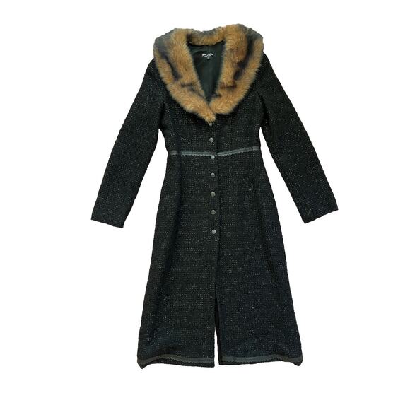 Betsey Johnson New York Black & Gild Shimmer Duster Coat, faux fur lapel size‎ S - Picture 2 of 13